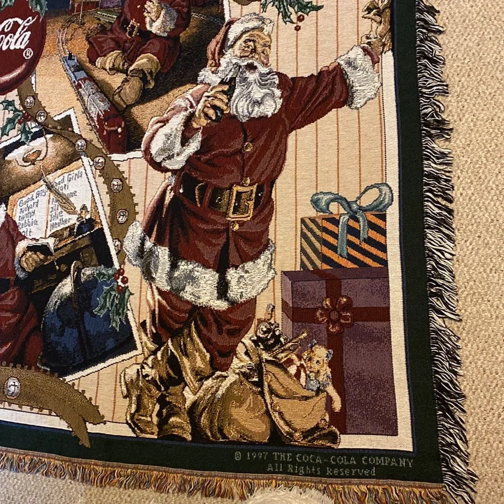 Vintage 1997 Coca Cola Santa Collage Tapestry Afghan Throw USA Made 100% Cotton